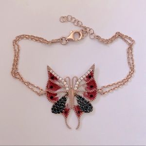 925 Silver red butterfly bracelet handmade enamel 14k rose gold plated cz stones